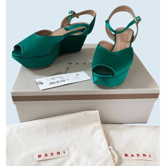 MARNI Emerald Green Satin Platform Peep Toe Ankle Strap Sandal Sz 9 - Picture 1 of 8